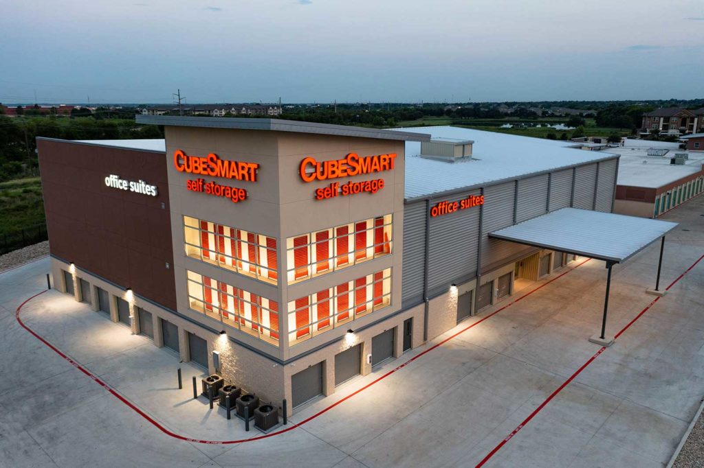 CubeSmart facility lights glowing at night